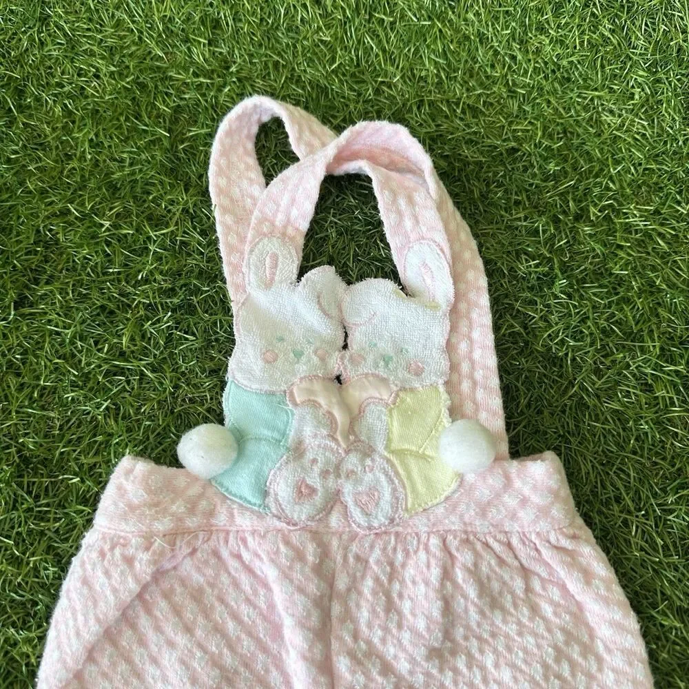 Vtg 80s Quilted Overalls Jumper Infant‎ Girls 6-9 Months Pink Bunnies Terrycloth